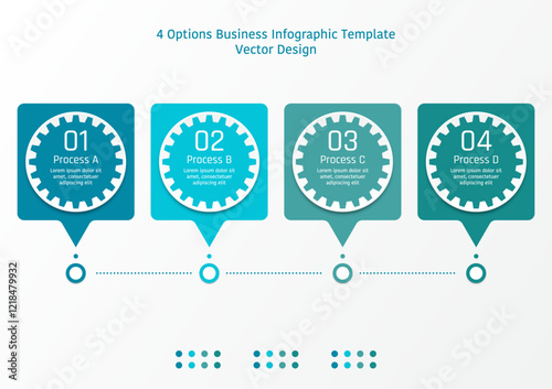 4 options business infographic template, theme of gear with circle frame in rounded corner square speech bubble shape, also with bottom line