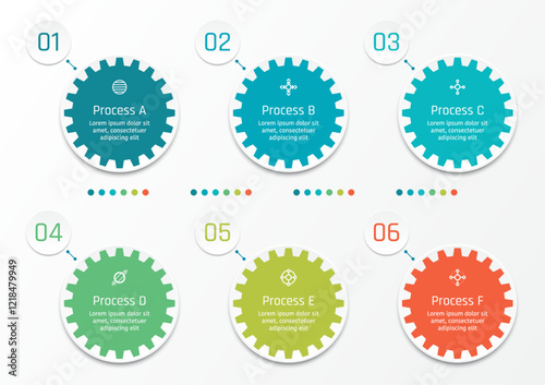 6 options business infographic template, gear shape in circle frame, with number in circle frame at the top left