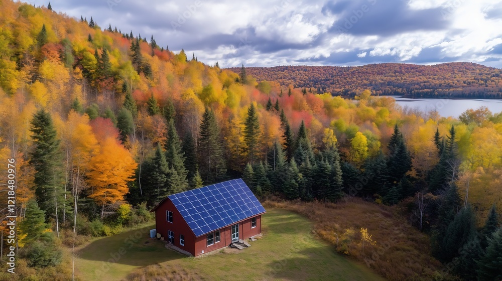 A solar farm alongside a forest, wide-angle perspective highlighting the coexistence of green energy and vibrant natural ecosystems. A solar farm alongside a forest, wide-angle perspective highlighting the coexistence of green energy and vibrant natural ecosystems.