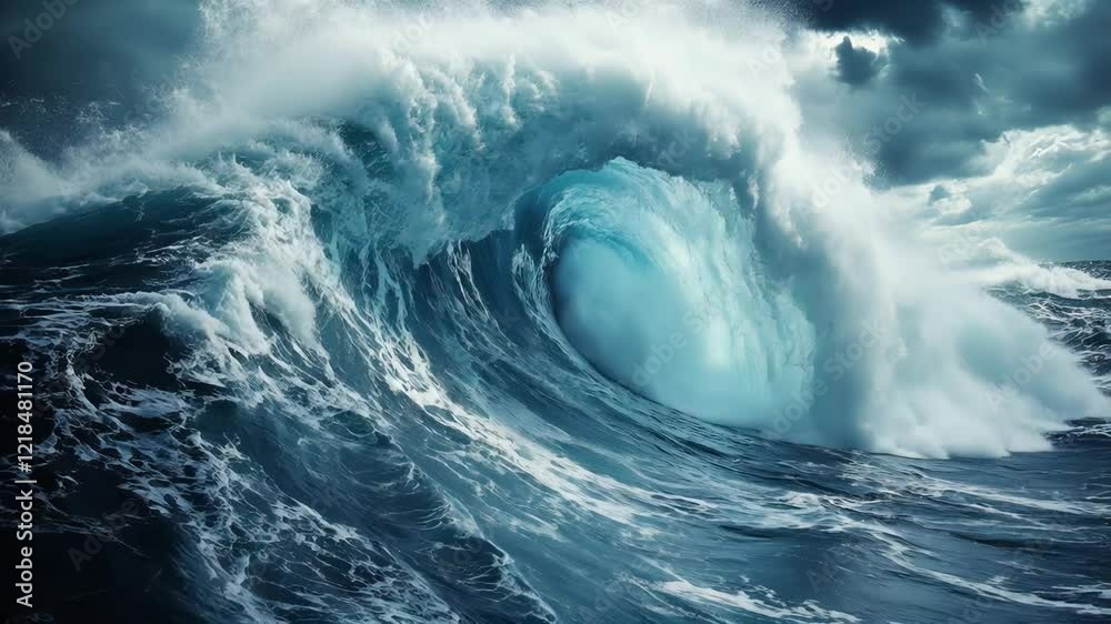 Majestic ocean waves surging dramatically under stormy skies in high resolution