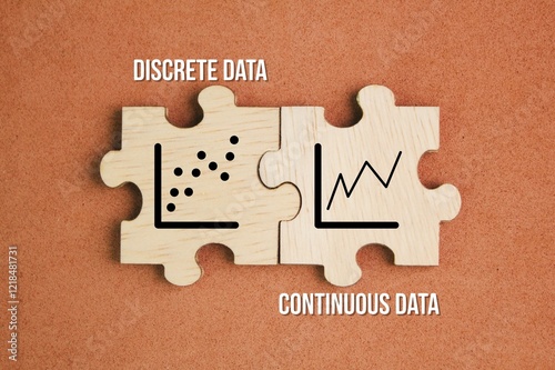 wooden puzzle with the words discrete data and continuous data. Discrete data represents exact figures you can count, such as the number of students in a class.