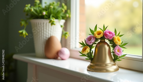 Easter bell adorned with a small floral wreath, placed on a mantel with soft sunlight