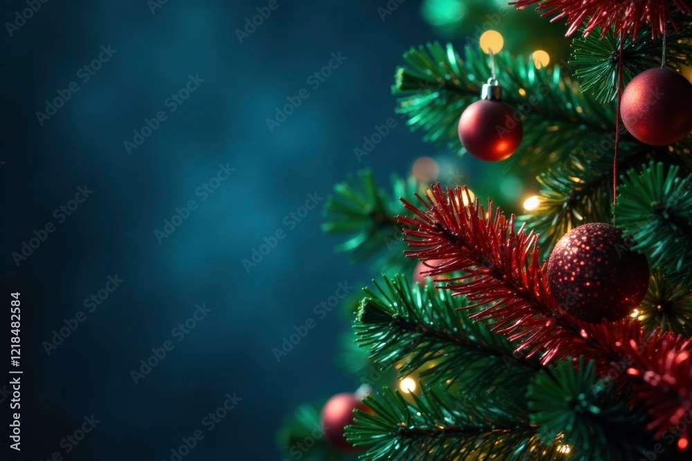 A blue-lit Christmas tree with red and green tinsel, green, blue A blue-lit Christmas tree with red and green tinsel, green, blue
