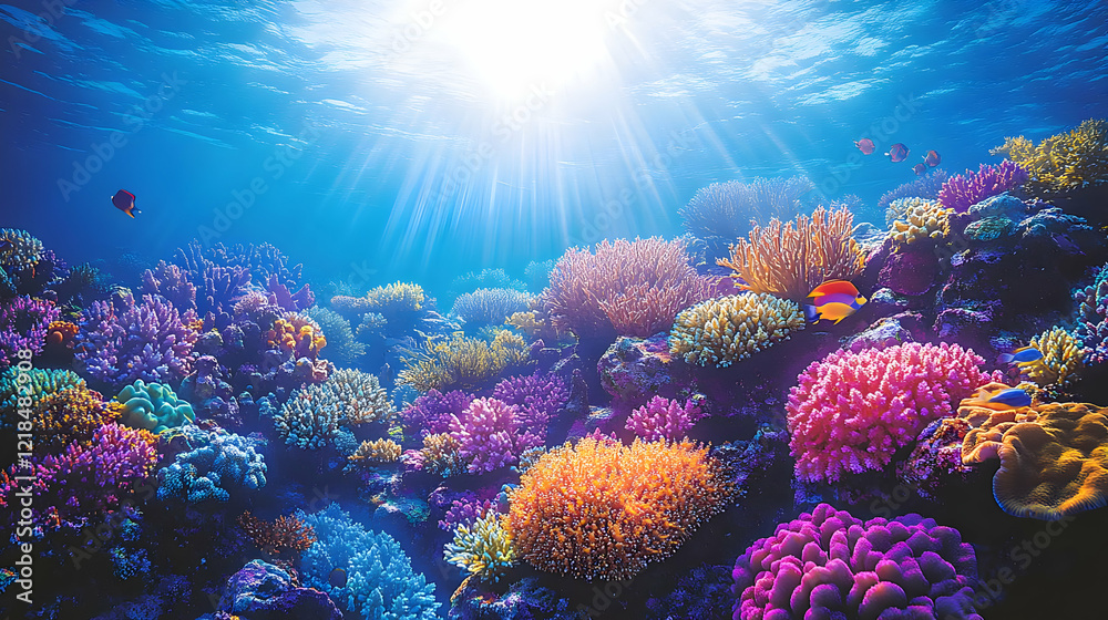 Fototapeta premium Vibrant Underwater Coral Reef with Tropical Fish and Sunlight