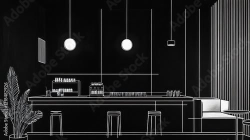 Modern bar interior sketch, minimalist design, empty, illustration photo