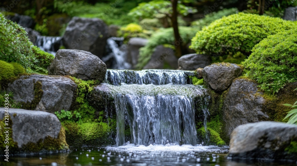 A cascading waterfall cuts through lush greenery. A cascading waterfall cuts through lush greenery.