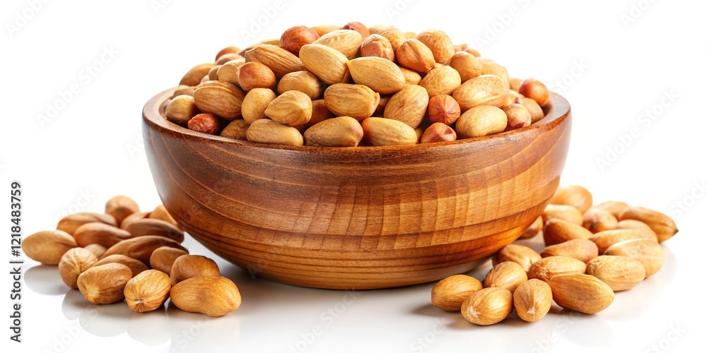 Close-up of roasted peanuts in a wooden bowl, long exposure shot against a white background. Close-up of roasted peanuts in a wooden bowl, long exposure shot against a white background.