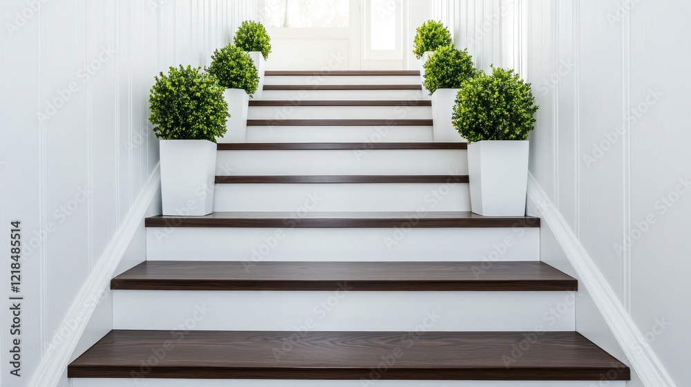 Fototapeta premium Elegant indoor staircase, plants, white walls, sunlight, home decor