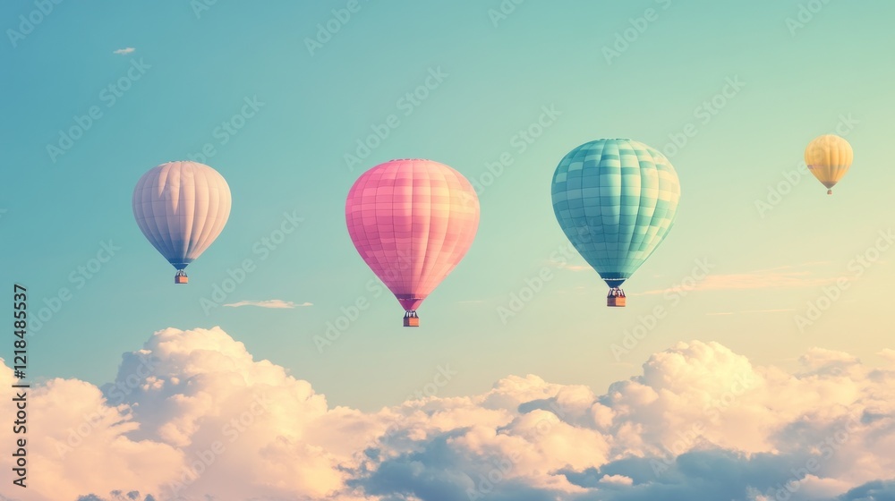 Fototapeta premium Colorful hot air balloons soar above fluffy clouds at sunset; travel inspiration