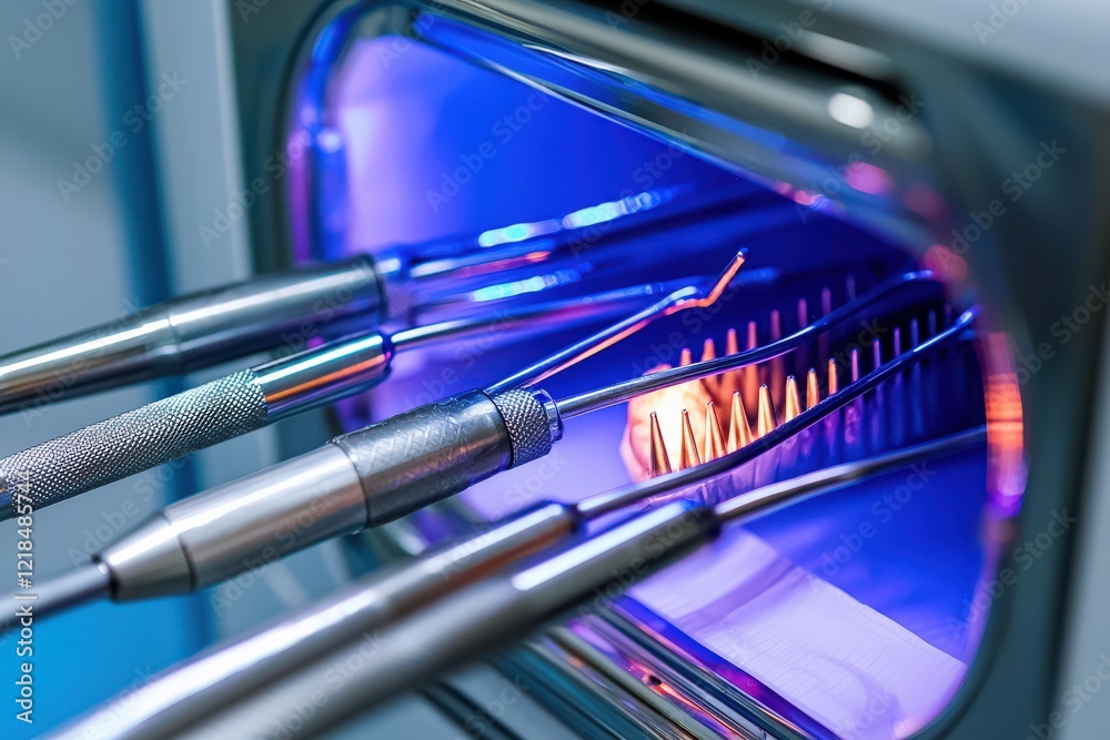 A close-up of dental tools being sterilized in an autoclave machine A close-up of dental tools being sterilized in an autoclave machine