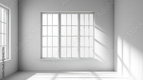 Sunlight streams into minimalist white room, showcasing empty space for design photo