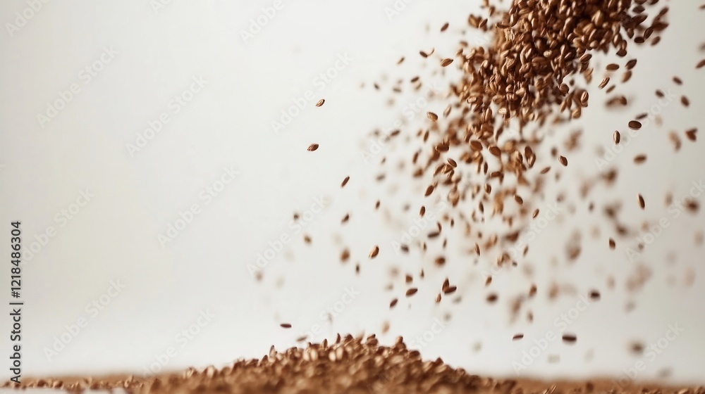 Falling barley grains against white backdrop; food, agriculture Falling barley grains against white backdrop; food, agriculture