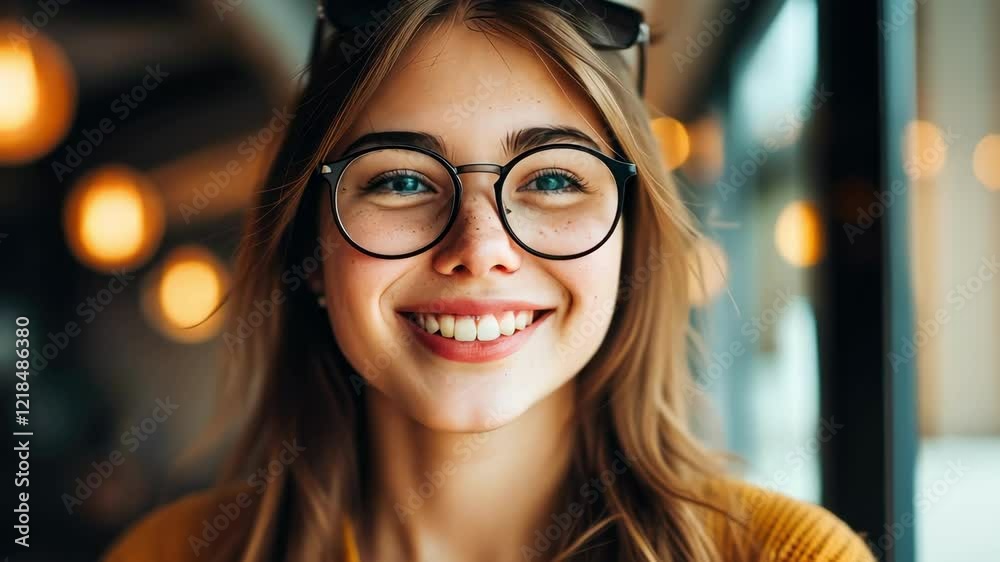 Smile and warmth in cozy cafe setting highlighting cheerful girl with glasses and warm lighting capturing vibrant atmosphere