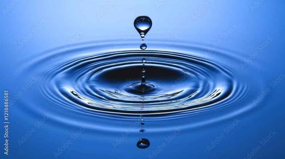 Water droplet falling, creating ripples on blue surface, studio shot, calm background, for purity concepts Water droplet falling, creating ripples on blue surface, studio shot, calm background, for purity concepts