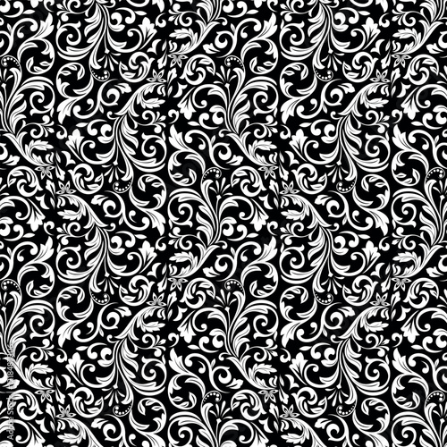 Wallpaper in the style of Baroque. Seamless vector background. White and black floral ornament. Graphic pattern for fabric, wallpaper, packaging. Ornate Damask flower ornament.