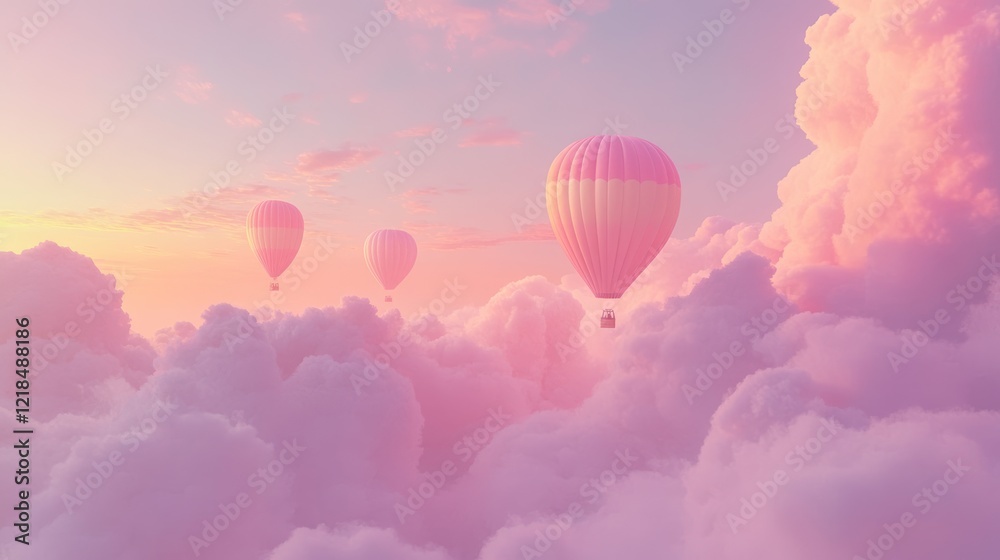 Pink hot air balloons soar above sunset cloudscape Pink hot air balloons soar above sunset cloudscape