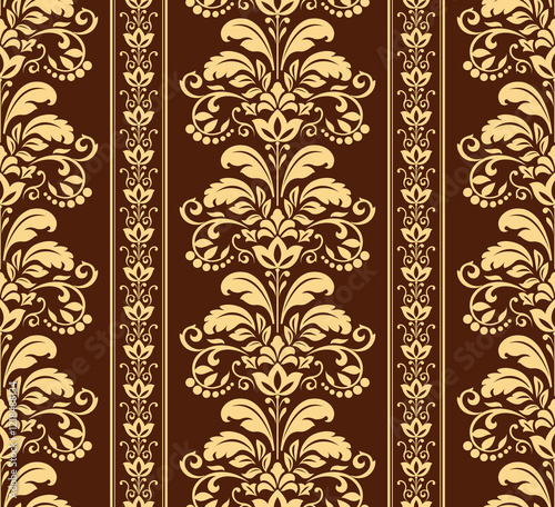 Wallpaper in the style of Baroque. Seamless vector background. Golden and dark   brown ornament.