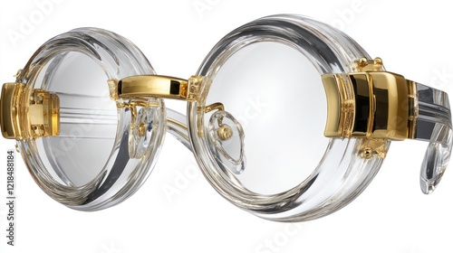 Clear gold-rimmed round eyeglasses, studio shot, white background, fashion accessory photo