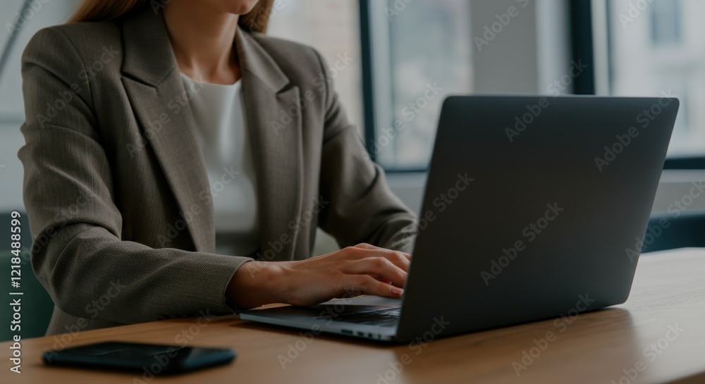 Female professional using laptop in office setting Female professional using laptop in office setting