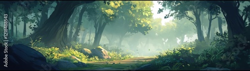 A dense forest bathes in soft morning light.
