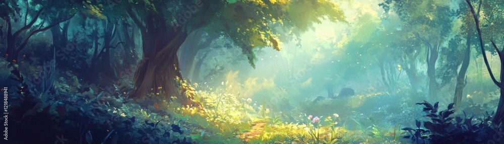 Fototapeta premium A dense forest bathes in soft morning light.