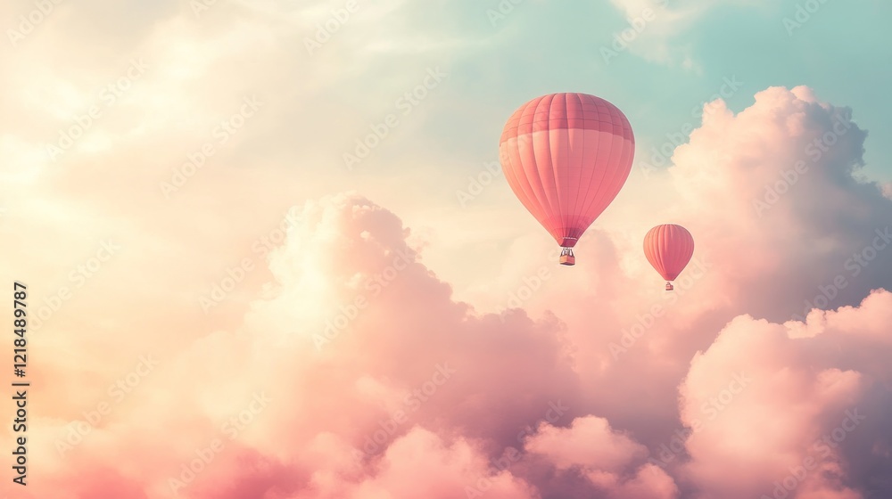 Fototapeta premium Two hot air balloons soaring above dreamy sunset clouds