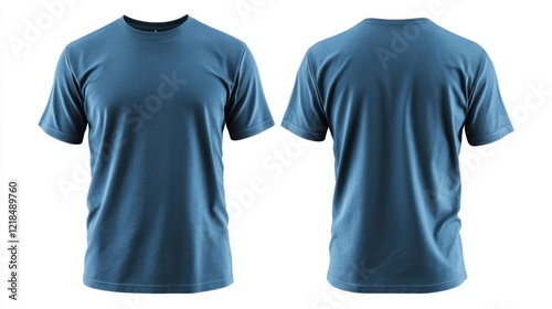 Blue t-shirt mockup, front and back views, isolated on white, design template