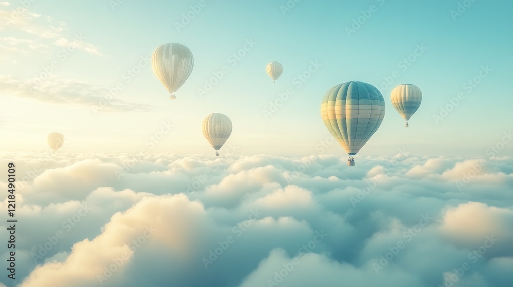 Fototapeta premium Hot air balloons soar above clouds at sunrise, peaceful travel (1)