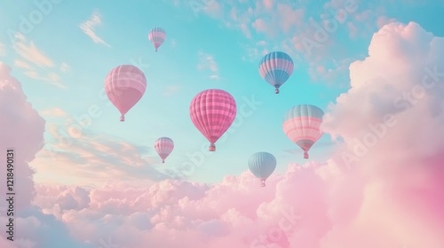 Pastel hot air balloons soar above dreamy cloudscape; travel poster