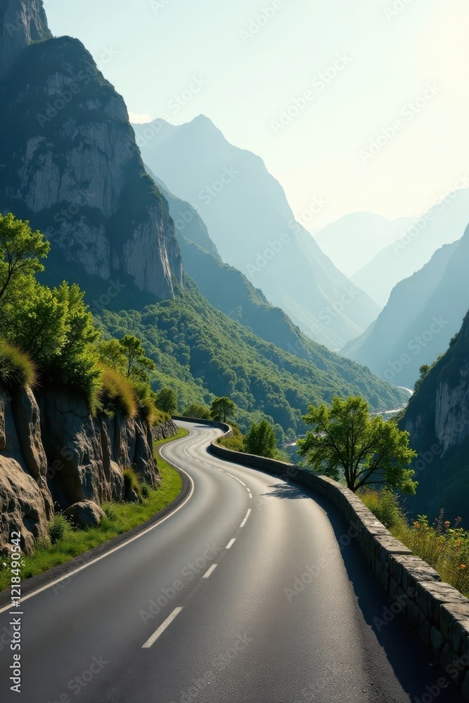 Fototapeta premium Asphalt ribbon winding through majestic mountain range, a scenic drive offering breathtaking vistas of verdant slopes and rocky cliffs bathed in sunlight