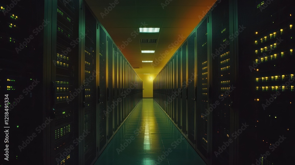 Fototapeta premium Servers glowing in dark data center hallway