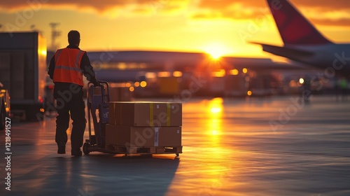 Airport cargo handler moving boxes at sunset photo