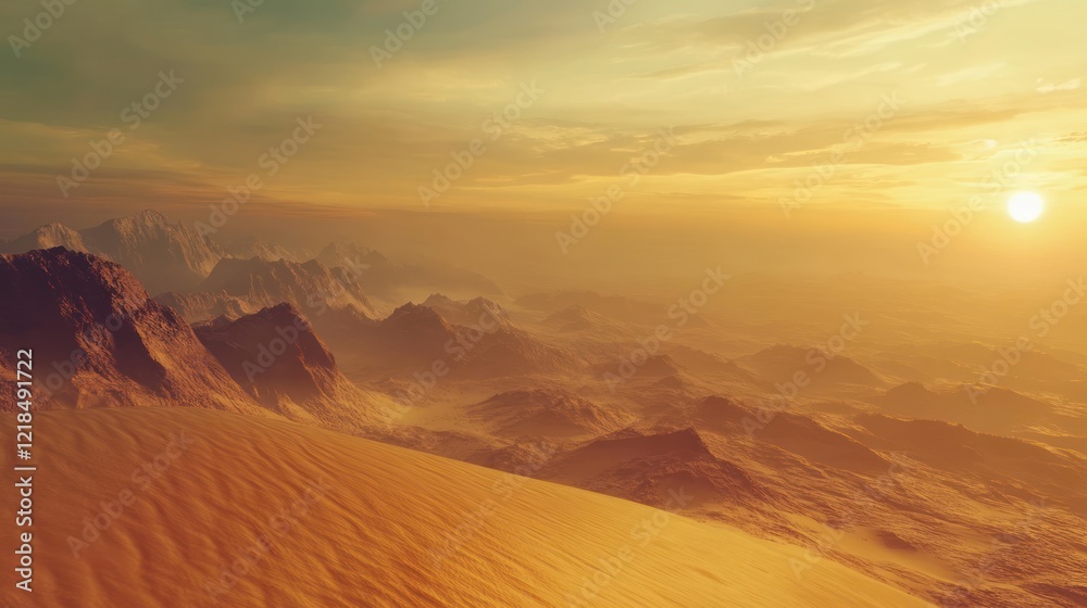 Desert sunset landscape, dune view, mountains, hazy sky, travel backdrop Desert sunset landscape, dune view, mountains, hazy sky, travel backdrop