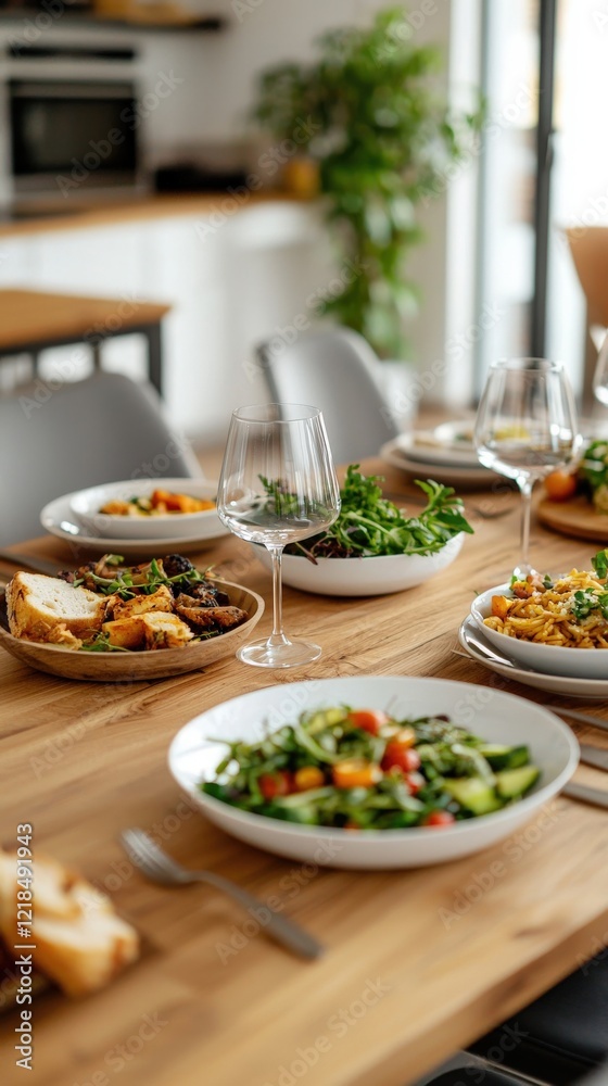 Elegant Dining Table Setup with Fresh Salads and Gourmet Dishes for a Memorable Culinary Experience Elegant Dining Table Setup with Fresh Salads and Gourmet Dishes for a Memorable Culinary Experience