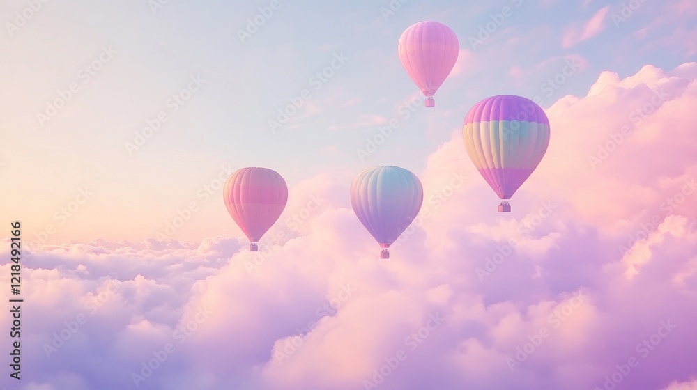 Fototapeta premium Colorful hot air balloons soar above pastel clouds at sunrise; travel poster
