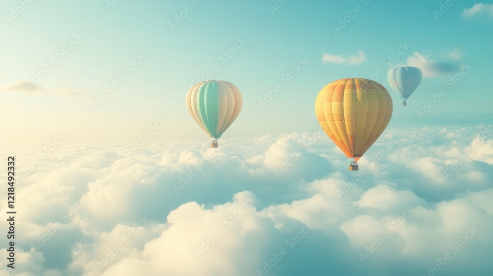 Fototapeta premium Colorful hot air balloons soar above fluffy clouds at sunrise; travel, adventure imagery
