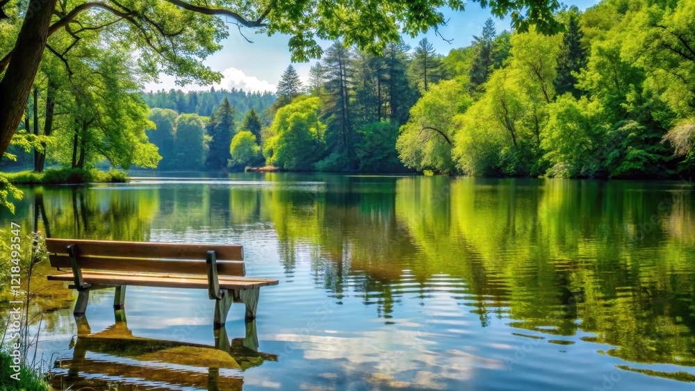 A serene lake surrounded by lush greenery and towering trees, with a sturdy wooden bench partially submerged in the water , natural beauty, scenic lake A serene lake surrounded by lush greenery and towering trees, with a sturdy wooden bench partially submerged in the water , natural beauty, scenic lake