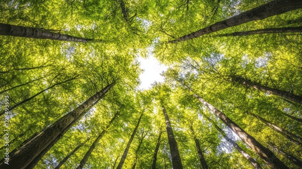 Sunlight through lush forest canopy, nature background, environmental conservation Sunlight through lush forest canopy, nature background, environmental conservation