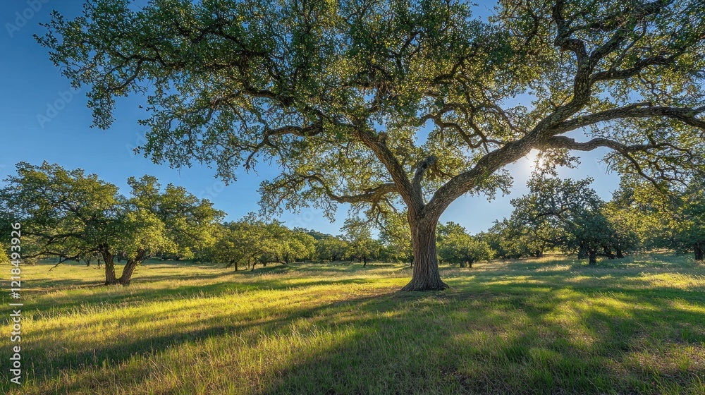 Sunlit Texas oak grove pasture, morning, idyllic landscape, real estate Sunlit Texas oak grove pasture, morning, idyllic landscape, real estate