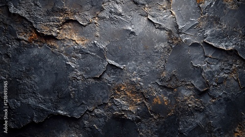 Dark rock surface with golden streaks forming natural abstract pattern photo