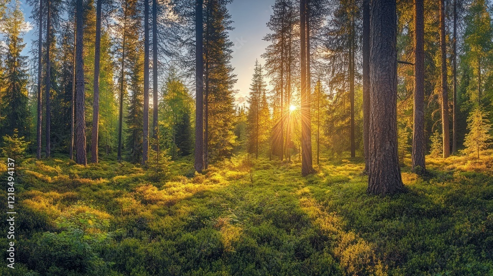 Sunset forest panorama, sun rays, trees, moss, nature, tranquility, peaceful, background, landscape, poster Sunset forest panorama, sun rays, trees, moss, nature, tranquility, peaceful, background, landscape, poster