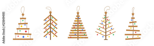 Wooden Christmas Tree set. New year crafts DIY idea for kids. Simple holiday ornaments. Plastic free concept. Vector illustration in flat cartoon style.