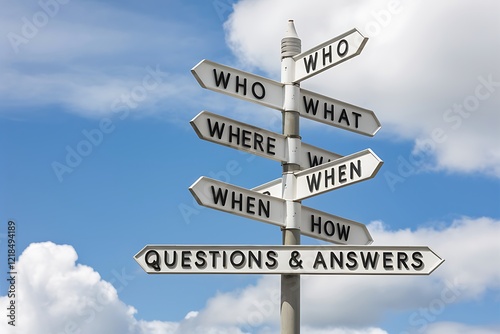 Decision Making Concept - Directional Sign with What, Where, Who, Why, How