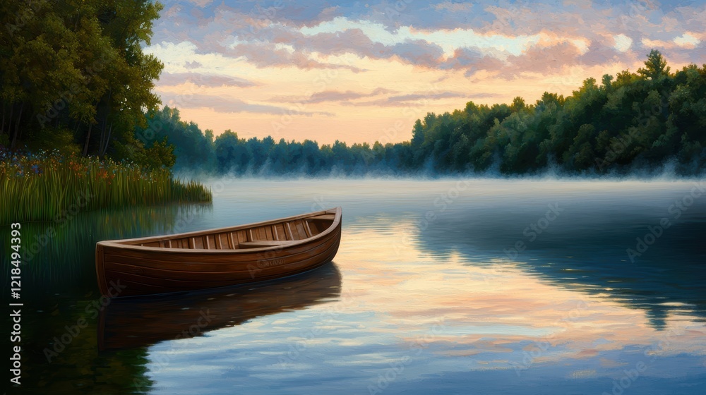 Fototapeta Serene Morning Mist over Calm Lake with Wooden Boat