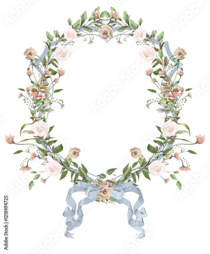 Vintage crest with flower frame. Hand drawn template. Painted wedding floral wreath. Botanical vector illustration