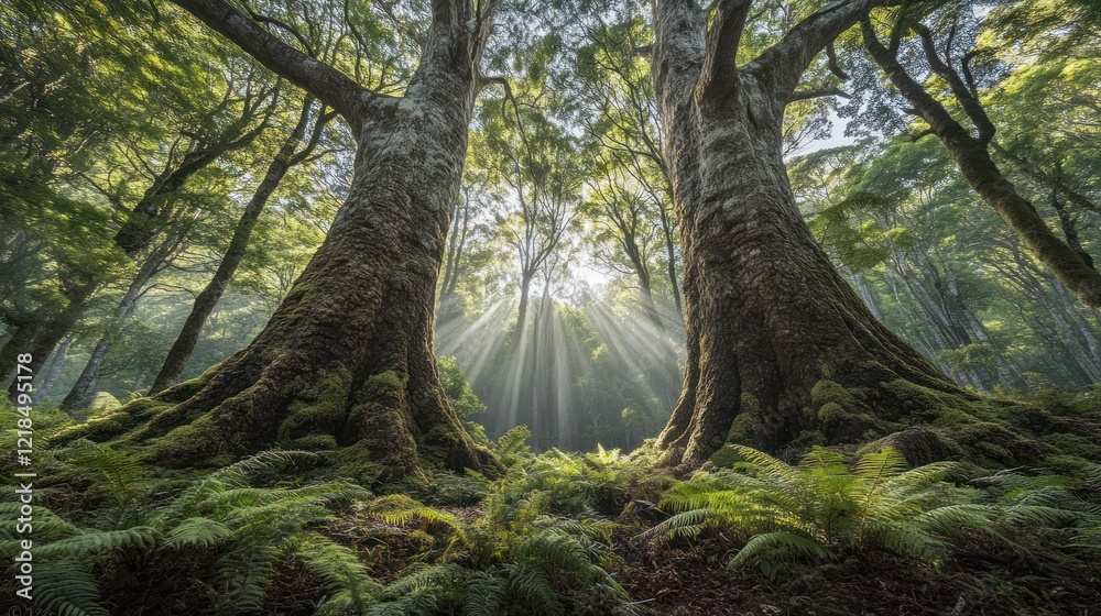 Fototapeta premium Sunbeams through ancient forest trees, misty background, nature poster