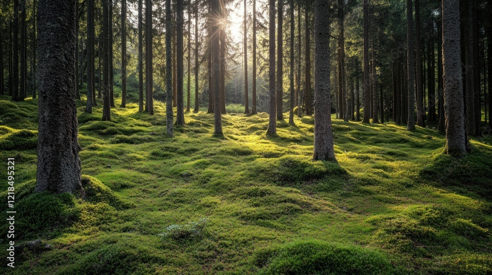 Naklejka premium Sunlit Mossy Forest Path, Sunrise, Nature Background, Peaceful Scene