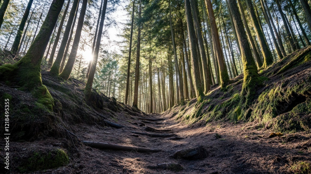 Fototapeta premium Sunlit forest path, moss-covered banks, uphill, nature trail, hiking
