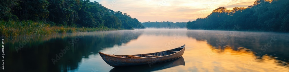 Obraz premium Serene River Landscape at Sunrise with a Small Boat