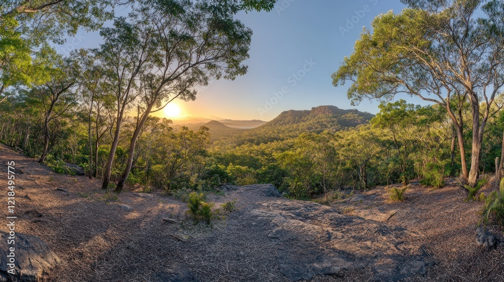 Fototapeta premium Sunrise panoramic view, forest trail, mountain backdrop, travel brochure